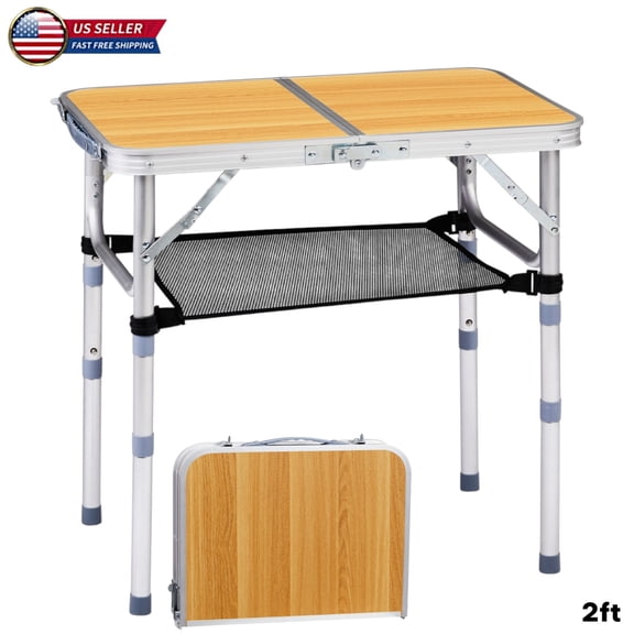 Hassch Height-Adjustable Folding Camping Table with Mesh Shelf, 2FT Portable Lightweight Aluminum Outdoor Utility Table with Carry Handle for Beach, Picnic, BBQ, Patio & Travel (Wood Grain)