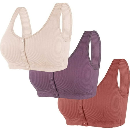 REORIAFEE Womens Bras No Underwire Full Support 3 Pack Front Closure Gathered Together No Wire Bras Solid Brassiere Comfy Wide Strap Breathable Corset Underwear Comfortable Lingerie Gray XL