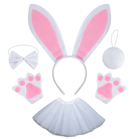 Bunny Costume Rabbit Dress Up Animal Ears Headband Tail Tutu Paws 5 Piece Easter Decorations And Holiday Gifts（White）