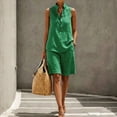 thumbnail image 2 of Women's Cotton Linen Outfit Stand Collar Sleeveless Henley Top Knee Length Bermuda Shorts Casual Set Green XXL, 2 of 4