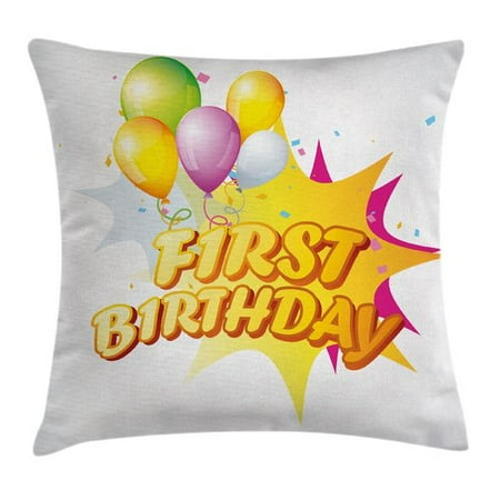 1st Birthday Decorations Throw Pillow Cushion Cover, Toddler First Party Celebration with Quote and Balloons, Decorative Square Accent Pillow Case, 18 X 18 Inches, Yellow and Hot Pink, by