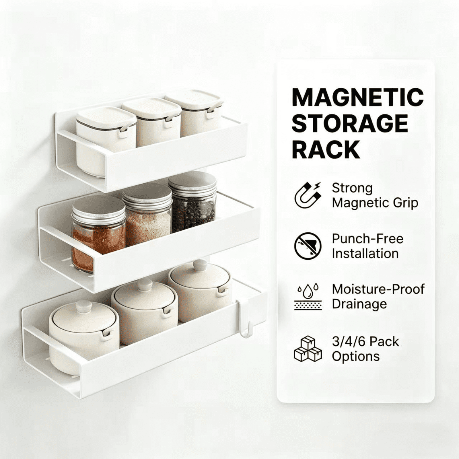 Set of 3 Magnetic Metal Rack for Refrigerator Side White, Kitchen Storage Shelf with Hooks – Holds Jars, Bottles, Cans – Space-Saving Fridge Organizer