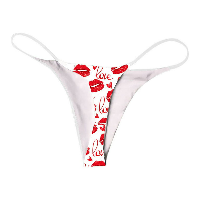 Sksloeg Thong Bikini Lips Print Bottom Low Rise G-String Panties Low Waist  T Back String Underpants Gift for Women,White S 