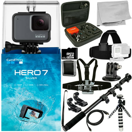 GoPro HERO7 HERO 7 Silver 12PC Accessory Bundle - Includes 32GB microSD Memory Card + Heavy Duty Monopod + Micro HDMI Cable +