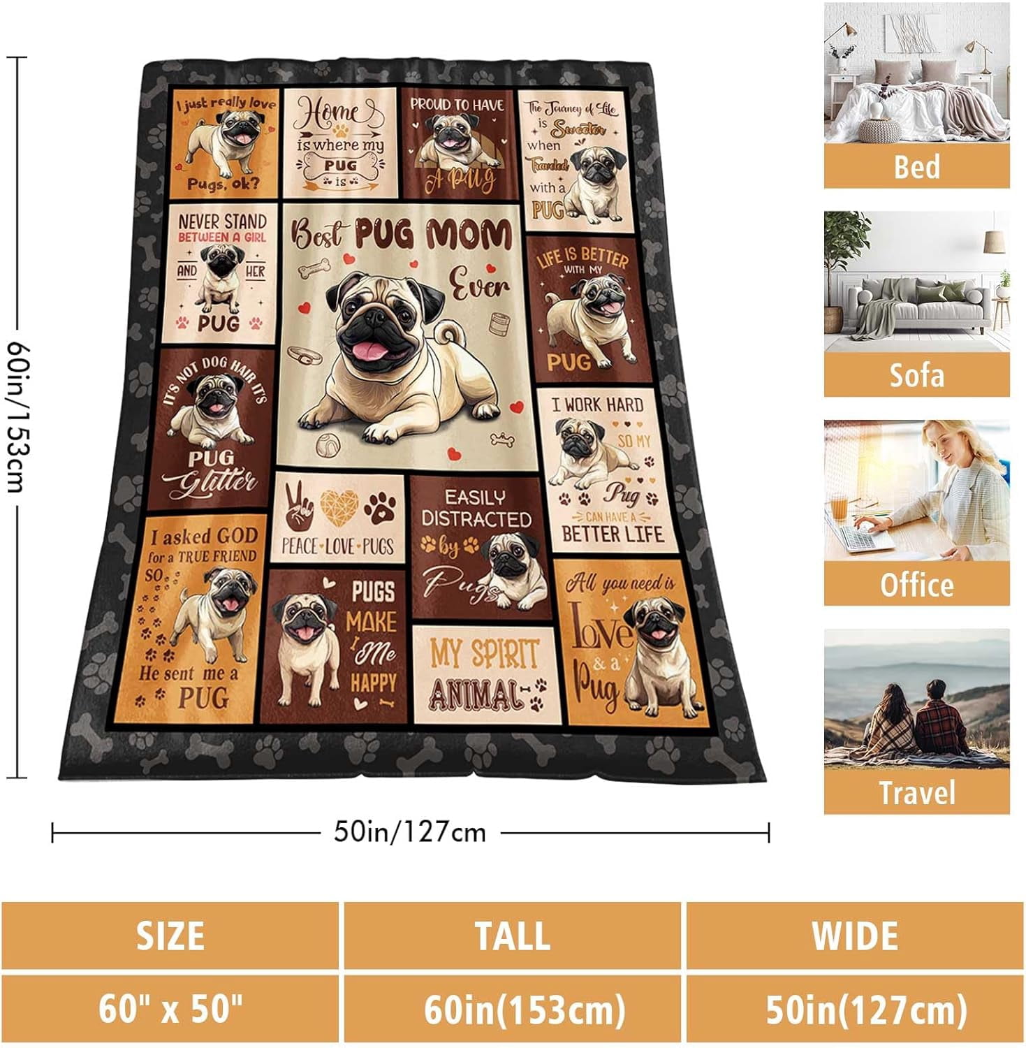 Pug Gifts for Women, Pugs Mom Throw Blanket 60'' X 50" Pugs Dog Decor for Pug Lovers Gifts