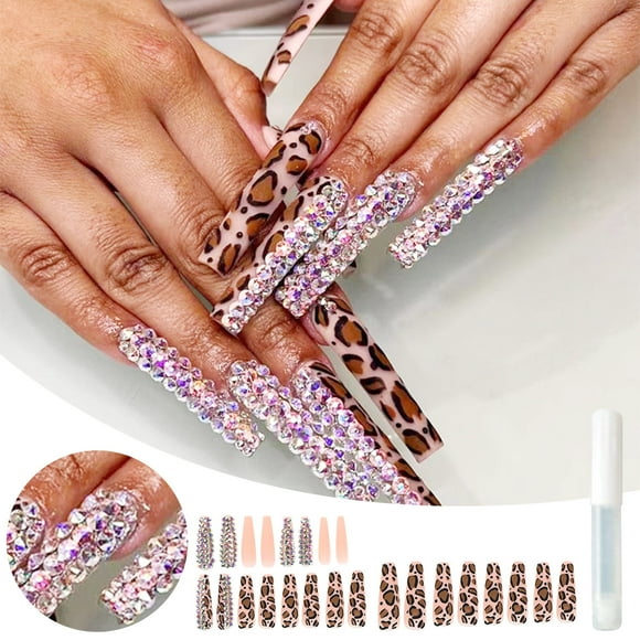 Bilqis Deals Wearing Nail, Frosted Leopard Pattern, Full Diamond Nail Enhancement, Sticking Nail, False Nail 2ml