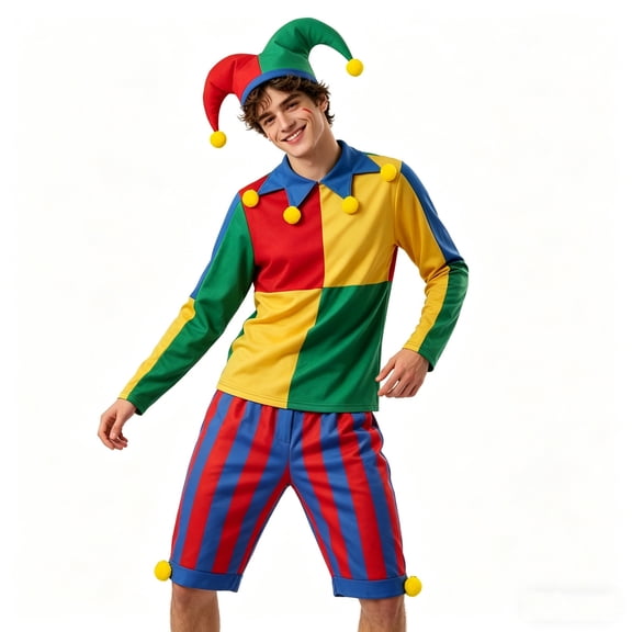 Adult Court Jester Costume Set Colorful Harlequin Clown Jumpsuit with Pointed Hat for Halloween Carnival Party