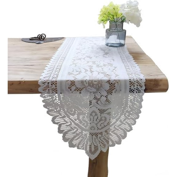 2PCS White Lace Table Runners - Cotton Crochet Table Runner for Dinners, Wedding Reception Table Decor- 13" X 45" Rectangular Embroidered Lace Dresser Scarf Doilies for Home Table Decoration