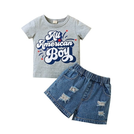 

Arvbitana 2Pcs Toddler Boys 4th of July Outfit 18M 24M 3T 4T 5T 6T Summer Round Collar Short Sleeve Letter Tops + Ripped Denim Shorts Independence Day Set