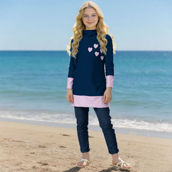 Mifsaly Girls Swimsuits Size 10-12 Kids 2 Piece Swimswear Heart Print Long Sleeve Swim Dress Slim Fit Swim Suit Set Leggings Vacation Beach Tween Bathing Suits