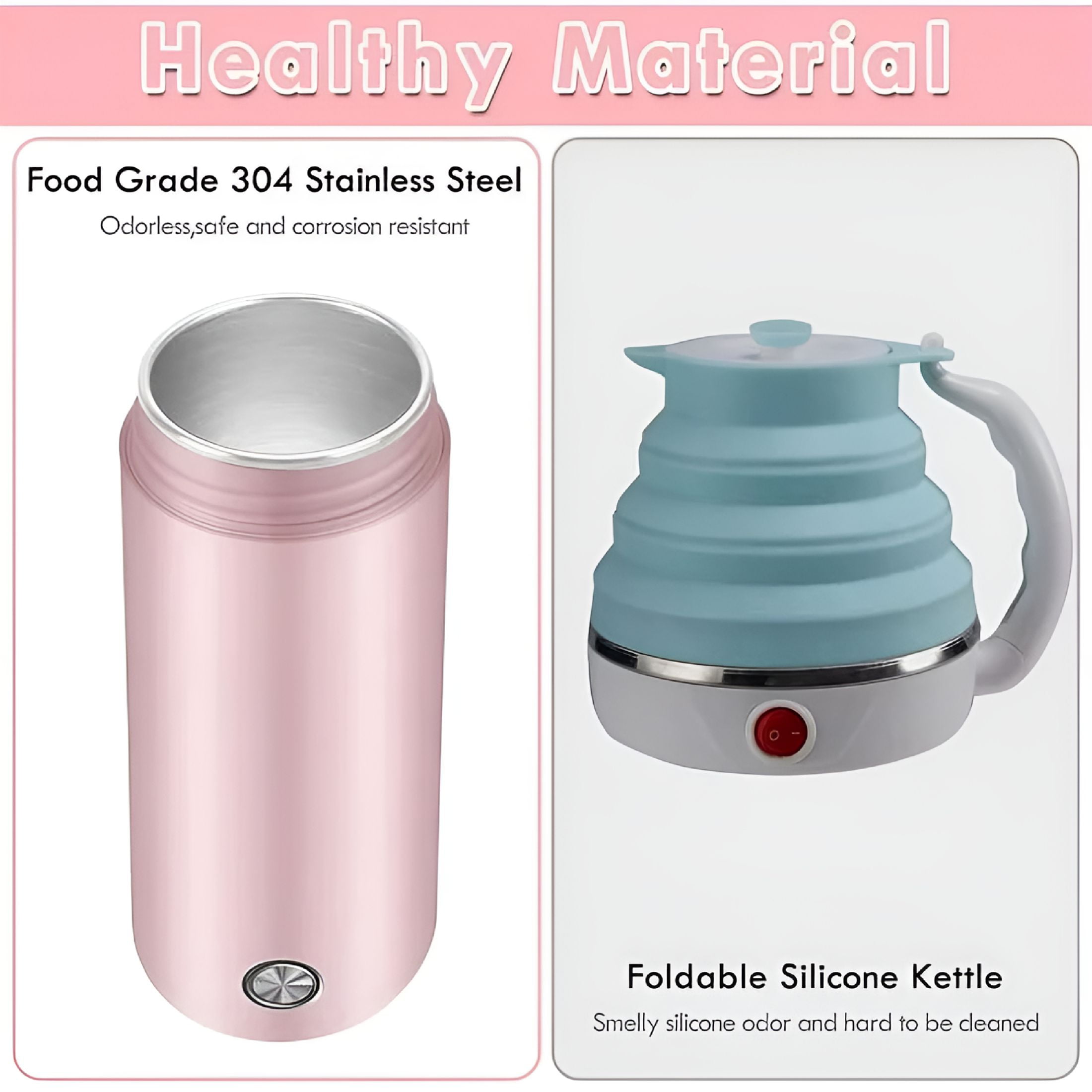 HIBIBUD 2026 New Portable Electric Kettle,400Ml Travel Tea Kettle with Non-Stick Coating,Double Wall Water Boiler Bottle,Insulated Coffee Thermos Mug,Fast Boil&Auto Shut Off Hot Water Heater (Pink)