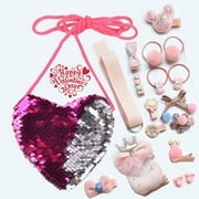Girl Infant Toddler gift set cross body Sequins Loving Heart Shoulder Coin Bag with 18 hair Headwear Clips accessories bunny pink barrettes elastic Band PEACH