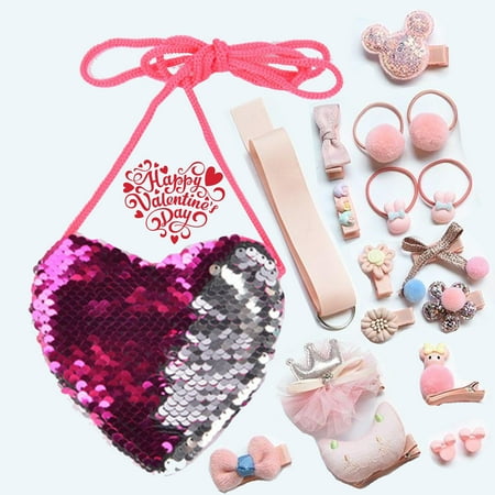 Girl Infant Toddler gift set cross body Sequins Loving Heart Shoulder Coin Bag with 18 hair Headwear Clips accessories bunny pink barrettes elastic Band PEACH