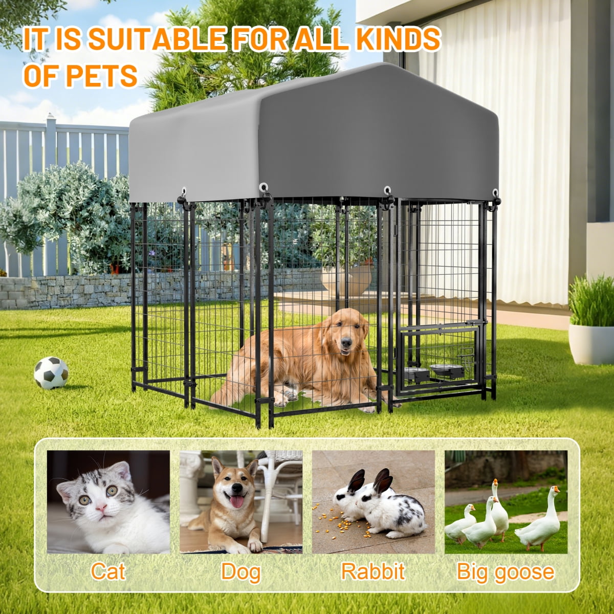 LuckyNote Outdoor Dog Kennel 4.23'x3.83'x4.83' with Roof, Heavy Duty Welded Wire Crate, All-Weather Protection & Safe Lock, Grey