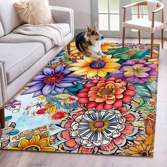 Area Rug for Living Room, Boho Flowers Non-Slip Indoor Large Carpet for Bedroom/Dining Room, Bohemia Ethnic Floral Colorful Floral Washable Low-Profile Rectangle Floor Runner Rugs - 4 x 6 Ft