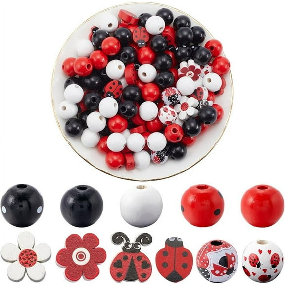 200Pcs Ladybug Wood Beads Red Black White Wooden Beads 16mm Colorful Spring Cute Ladybird Flower Painted Farmhouse Wooden Beads for Jewelry Garland Making Supplies DIY Craft Bracelet Necklace