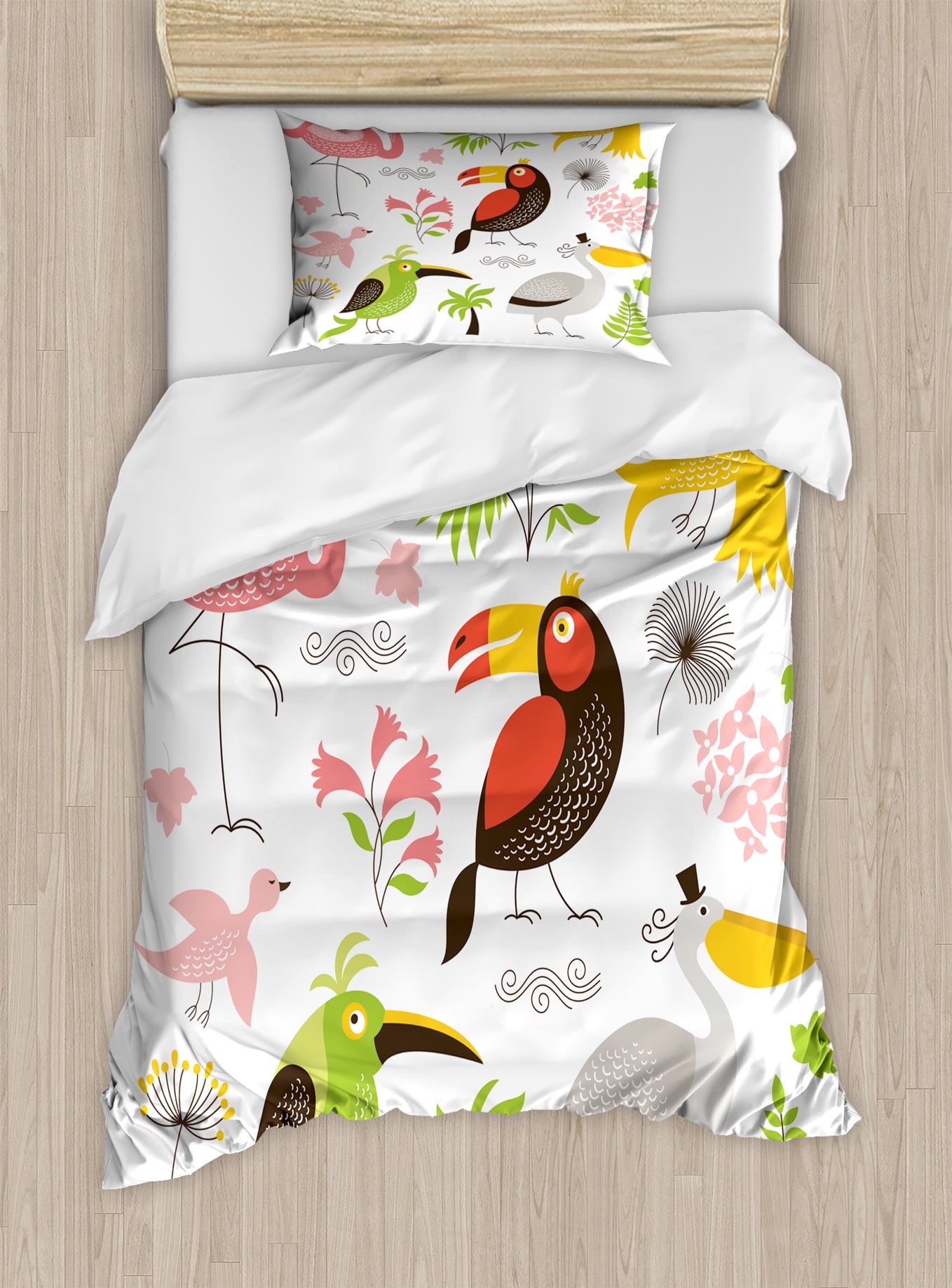 Birds Twin Size Duvet Cover Set, Tropical Themed Exotic Birds Alluring
