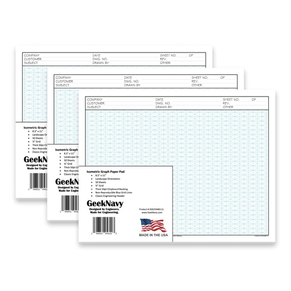 8.5" x 11" Isometric Graph Paper 50 Sheets Landscape - 0.25" Grid, Non-photo Blue, High Brightness, Drafting, Engineering, Art, 3D Design (3-Pack)