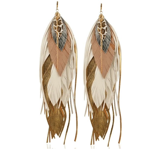 Vangania aretes largos mujer Buho Gold con plumas cuero y perla artesanal
