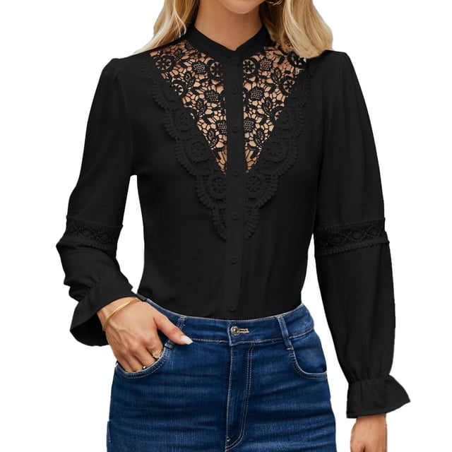 Blusa negra de manga larga con aberturas y botonadura sencilla, talla M Blusa retro de encaje con volantes