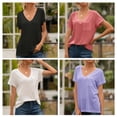 thumbnail image 3 of Camiseta con cuello en V Blusa de verano Color sólido Manga corta Mujer suelta Top, L, Blanco Sweethay AP001219-11, 3 of 7