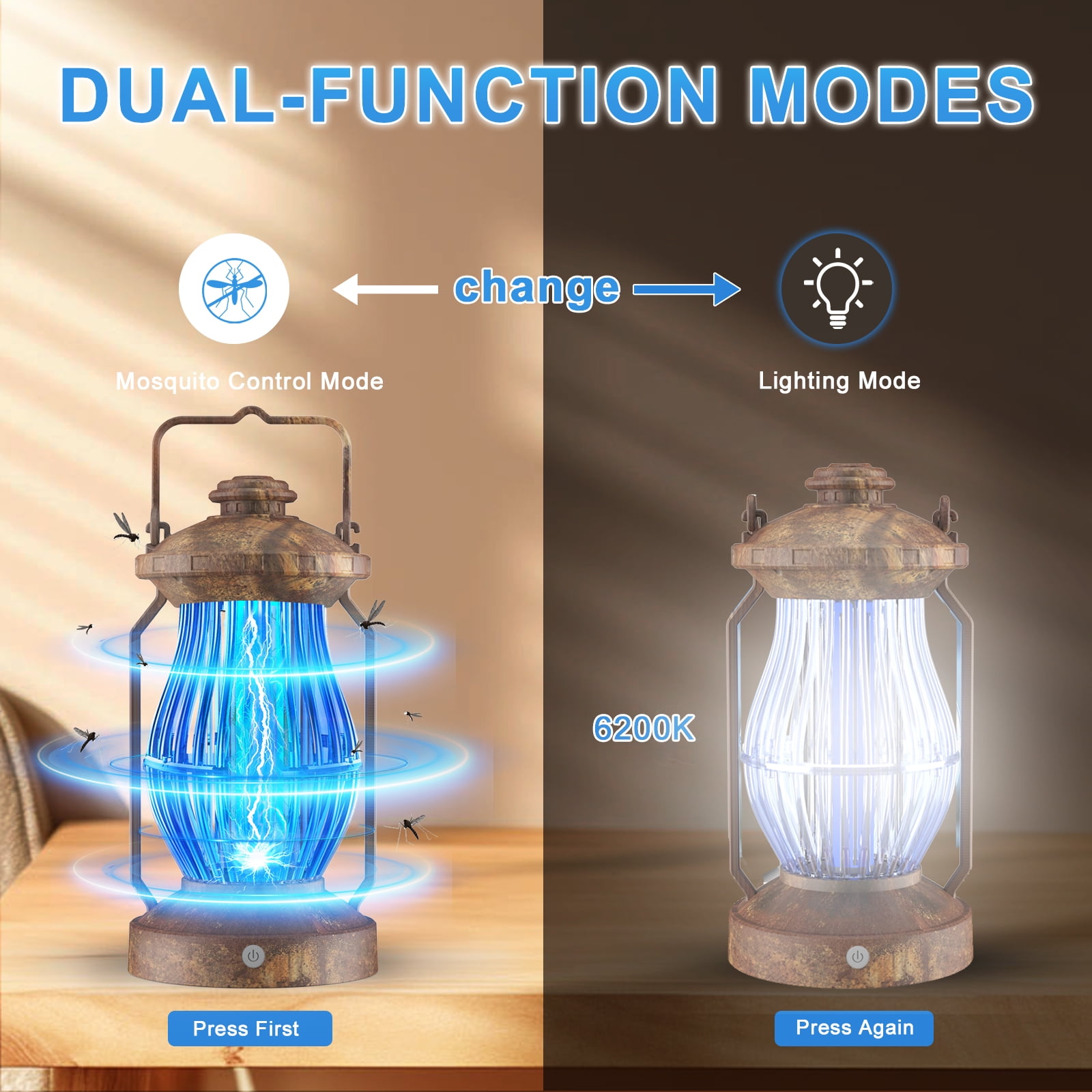 Bug Zapper Cordless Portable Hanging Electric Mosquito Fly Killer Trap w/ Light