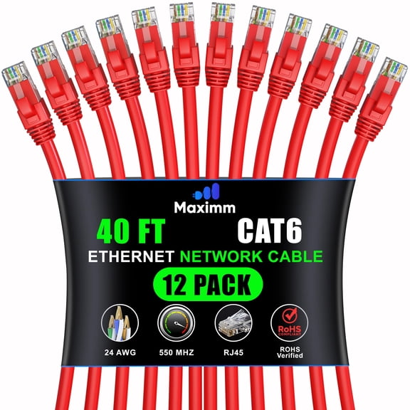 Maximm Cat 6 Ethernet Cable - 40 ft (12-Pack), High-Speed LAN, Internet, Patch, and Network Cable - UTP, 10Gbps, 550MHz Ethernet Cord - Red