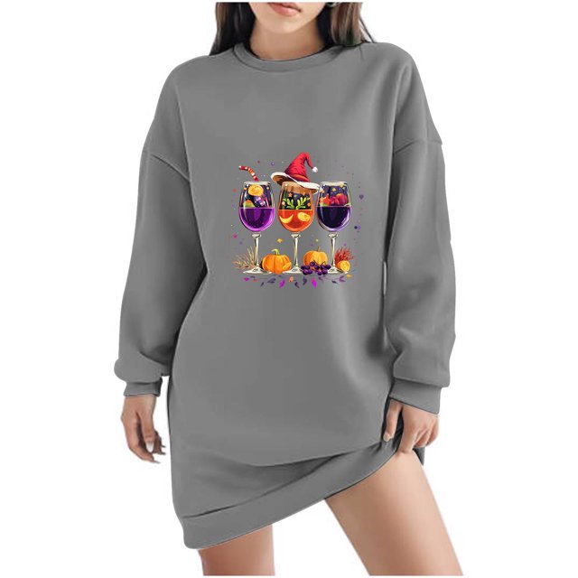 Pisexur Robes de Noël pour Femmes, Robe Chandail en Molleton à Col Rond Imprimé Verres de Vin Tendance, Robe de Fête Décontractée à Manches Longues, Robe de Vacances de Noël Mini Robe