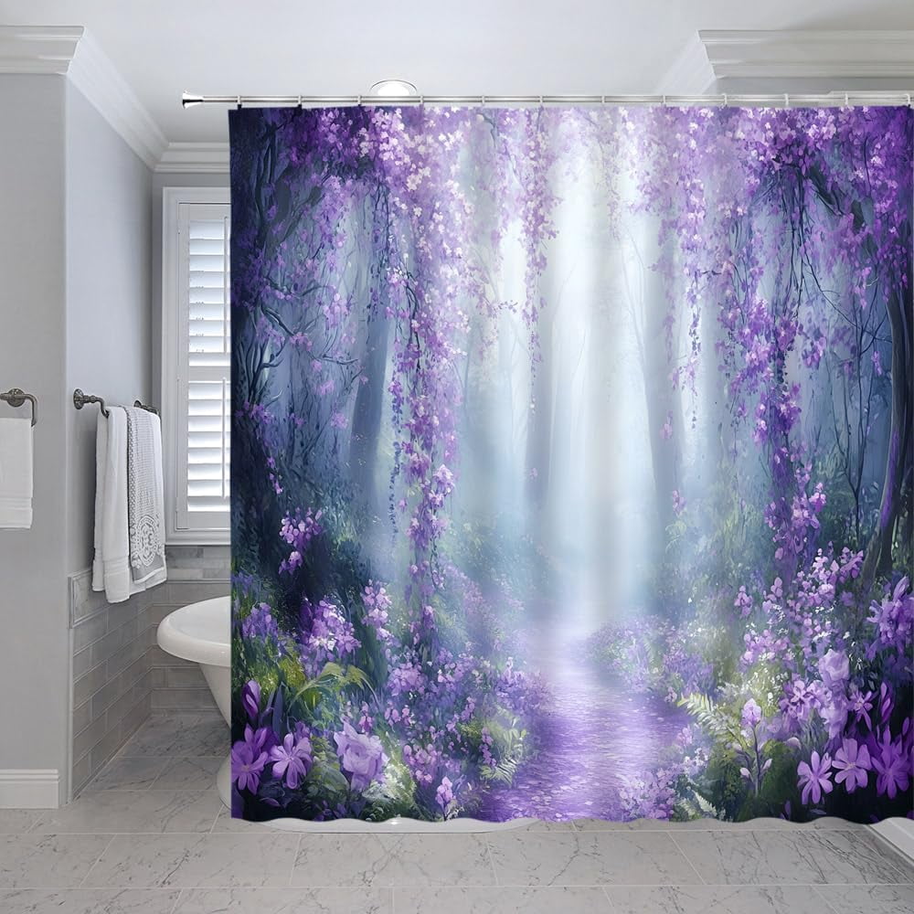Purple Wisteria Flower Shower Curtain Forest Weeping Lilac Ivy Blurred Background Vine Fantasy Pansy Mauve Floral Jungle Garden Polyester Fabric Bathroom Curtain Sets Hooks-72"W x 72"L (Pack of 1)