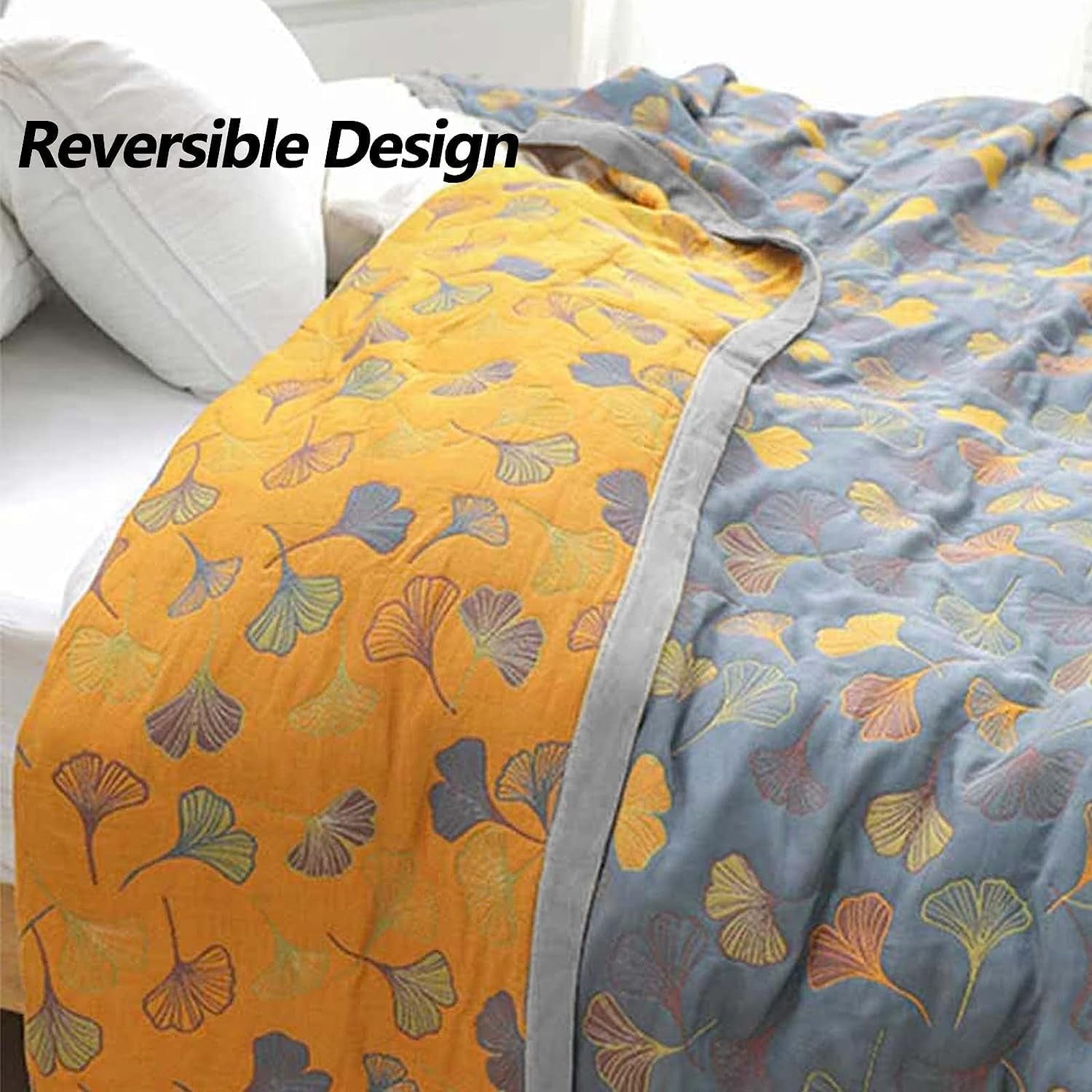 GinkgoLeaf Pattern Cotton Reversible Quilt - Ultra Soft Lightweight Breathable Ginkgo Leaf Pattern Quilt,Air Conditioning Quilt - Queen and King Size Bedding (90" W X 98" L)