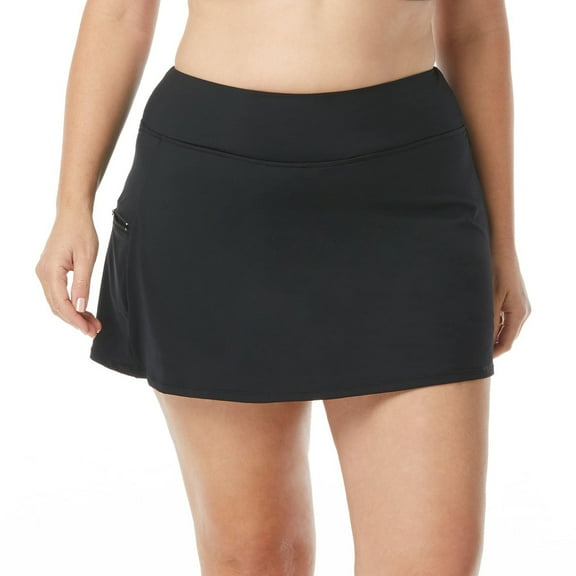 BEACH HOUSE Emma Plus Size Swim Skort — Modest Swimsuit Skirt with Boy Shorts, Black and Blue, 22W