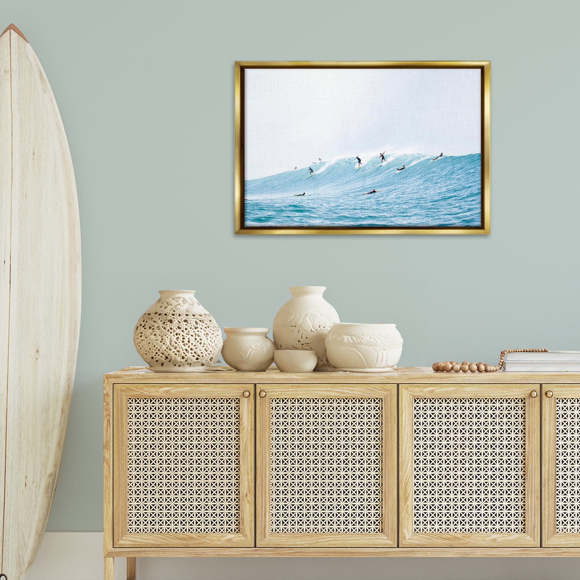 Stupell Industries Blue Wave Surfers Nautical & Beach Photography Gold Floater Framed Canvas Art Print Wall Art, 31 x 21