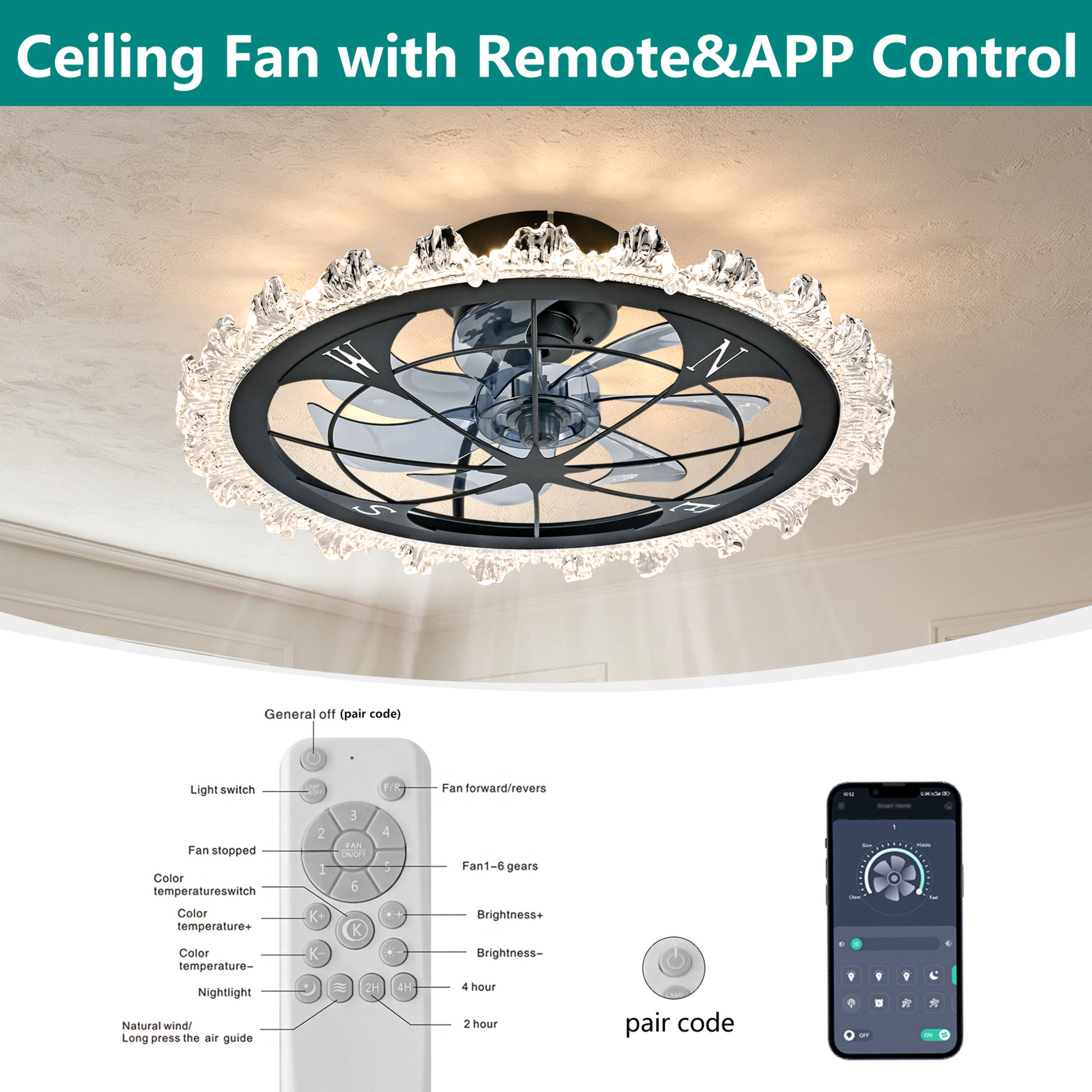 GDF Studio 21" Vintage Caged Ceiling Fan with LED Lights, Remote & App Control, Art Deco Flush Mount Fandelier, Matte Black