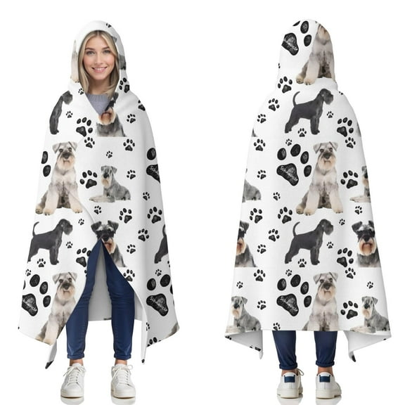 Wearable Blanket,Schnauzer Dog and Footprints Hooded Wearable Flannel Blanket for Adults & Teens,Winter Poncho Shawl Wrap Cape Cozy Anti-Pill,50"x60"