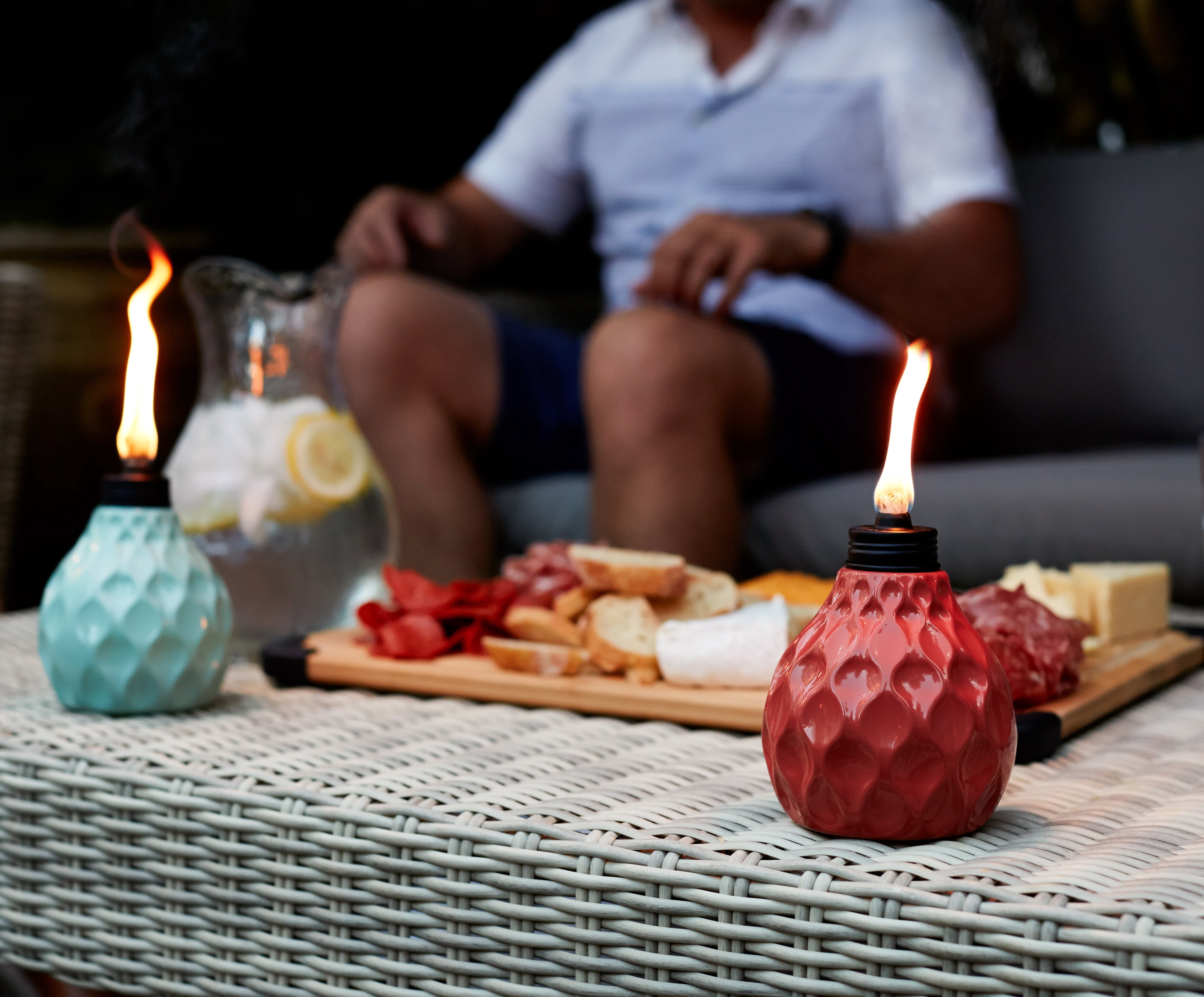 TIKI Brand 6-inch 3-Pk Marine Glass Table Torch Seaside Escape Assorted Colors Ivory, Coral or Blue
