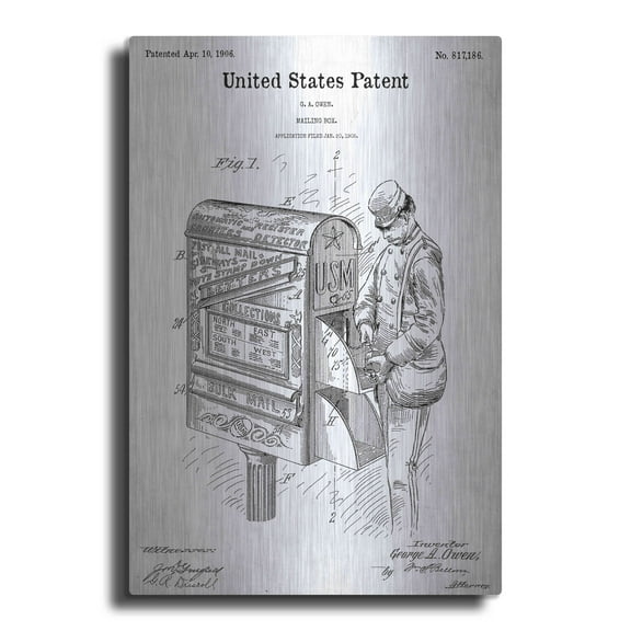 Luxe Metal Art 'Mailbox Blueprint Patent White' Acrylic Glass Wall Art, 24"x36"