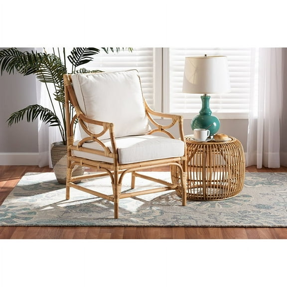 Baxton Studio Brandon Modern Bohemian White Fabric Upholstered and Natural Brown Rattan Armchair