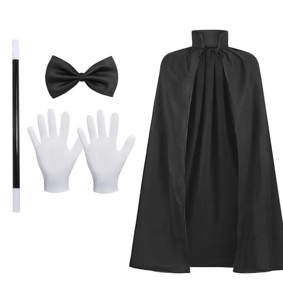 5-Piece Magician Set for Women Halloween Classic Illusionist Costume with Top Hat, Black Cape & White Gloves, Magic Wand and Bow Tie for Stage Performance A One Size