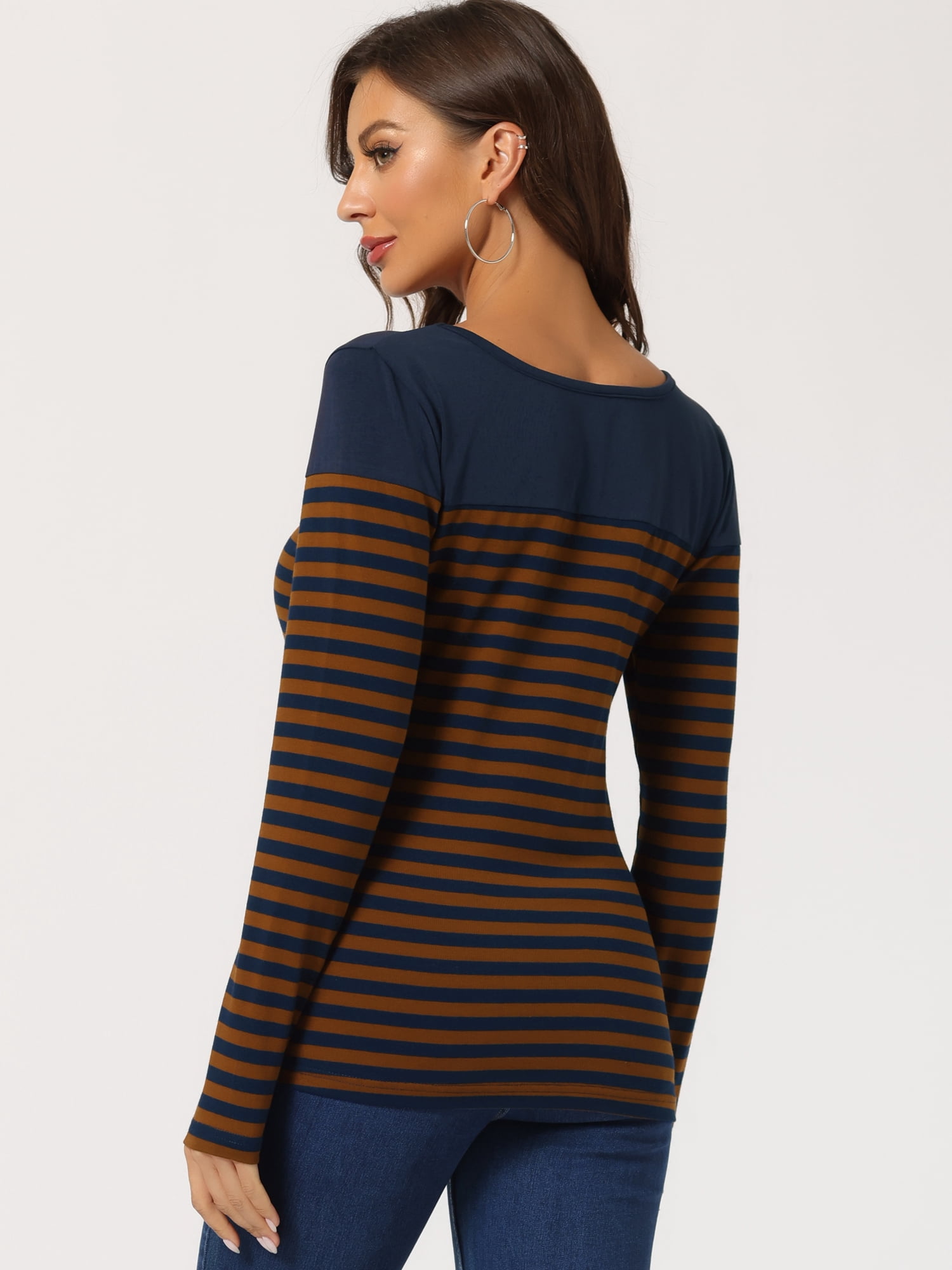 DARING DIVA Women's Color Block Striped Knit Top Long Sleeves T-Shirt L Blue Brown