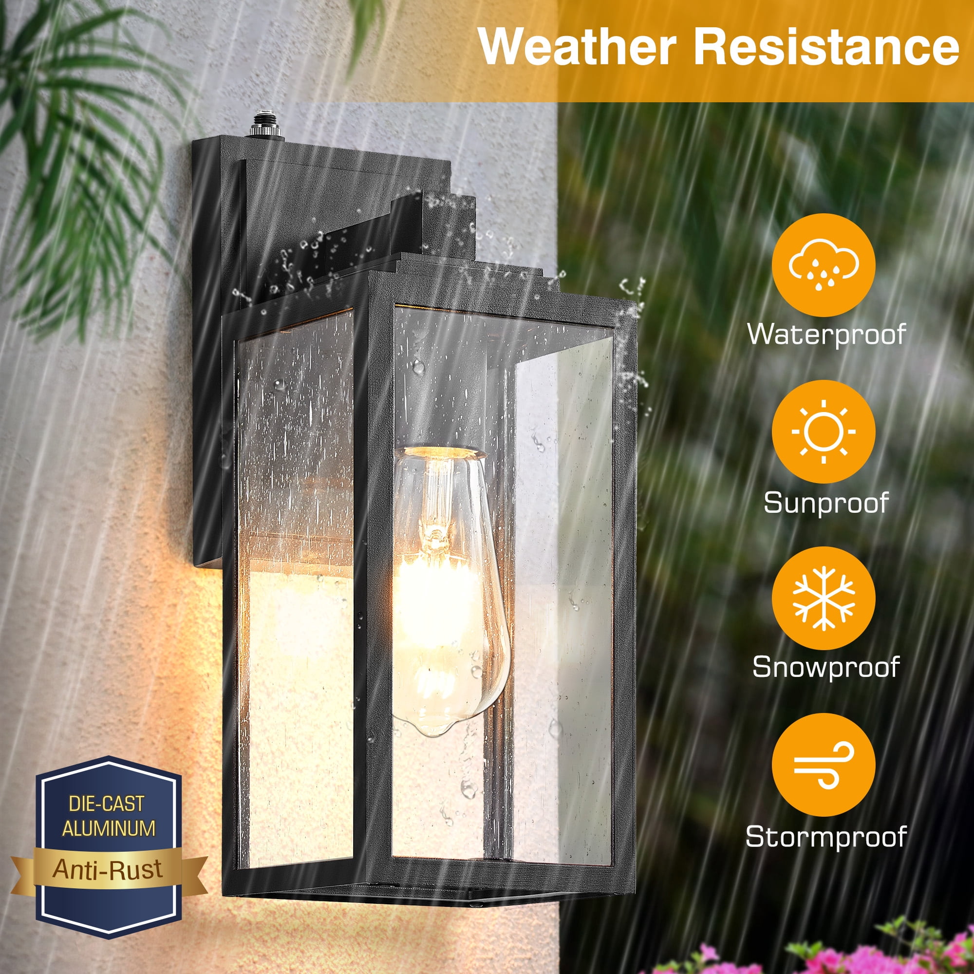 VIANIS Dusk to Dawn Outdoor Porch Lights Wall Mount, Modern Black Outdoor Wall Sconce Lanterns, Anti-Rust Waterproof Exterior Lights Fixtures for House with Tempered Seeded Glass Shade