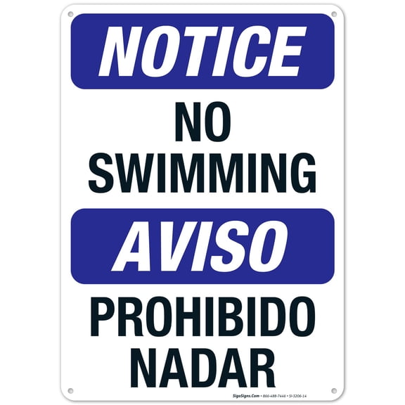No Swimming Sign, Bilingual English Spanish, 10x14 Aluminum