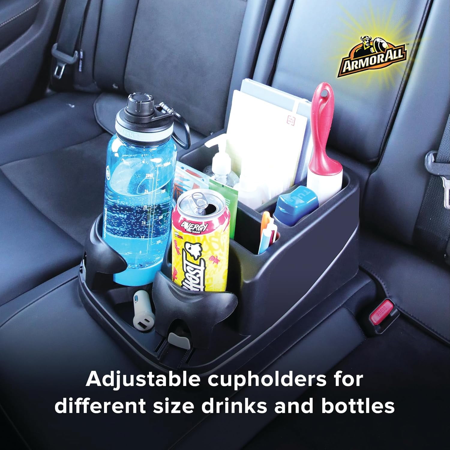 Armor All Car Console Organizer, Car Seat Organizer with 2 Adjustable Cup Holders, 3 Large Storage Compartments, Seatbelt for Secure Hold, Vehicle Middle Seat Organizer for Cars, Trucks, Minivans