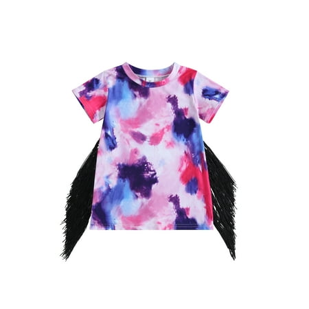 

Toddler Girls T-Shirt Dress Tie-Dye Print Tassel Short Sleeve Fringe Dress Boho Summer Casual Party Outfits Streetwear