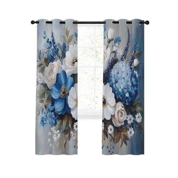 Spring Flower Blackout Curtains for Bedroom Living Room, Hydrangea Camellia Oil Painting 84 In Long Thermal Insulated Room Darkening Drapes Grommet Window Treatments, 52 x 84 In