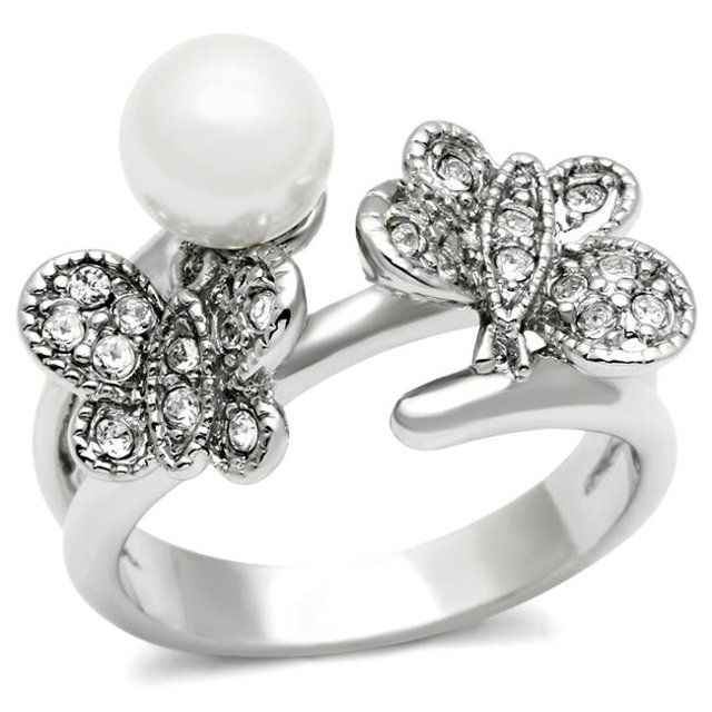 Alamode 3W223-10 Women Rhodium Brass Ring with Synthetic in White - Size 10