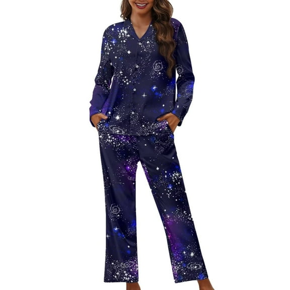 Renewold Warm Button Down Pajamas for Women Vacation Jogger Athletic Clothing 2pcs Pjs Sets Starry Sky Graphic Scoop Neck Pullover Tops Elastic Waist Sweatpants Size M