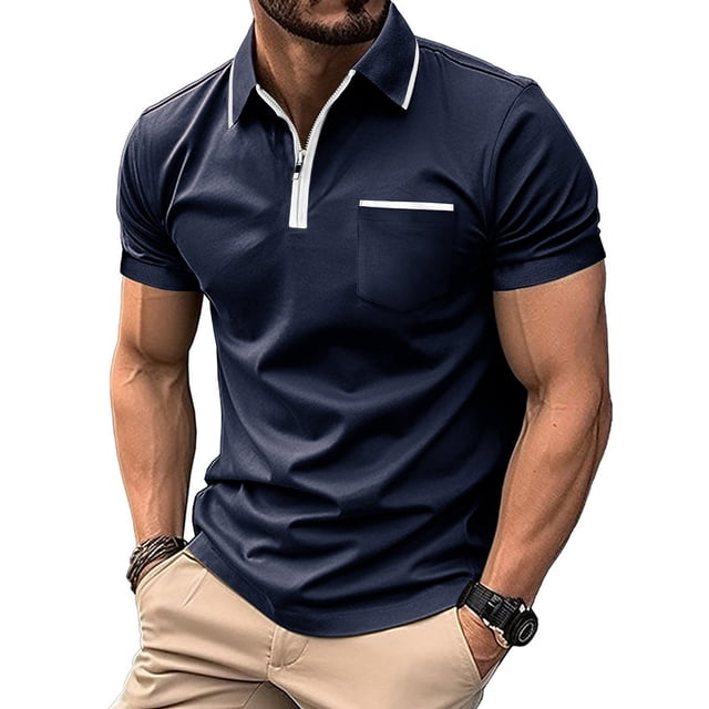 Ceisia Men's Slim Fit Short-Sleeve Half-Zip Polo Shirt Solid Color Contrast Decoration Spring Summer Shirt Gift
