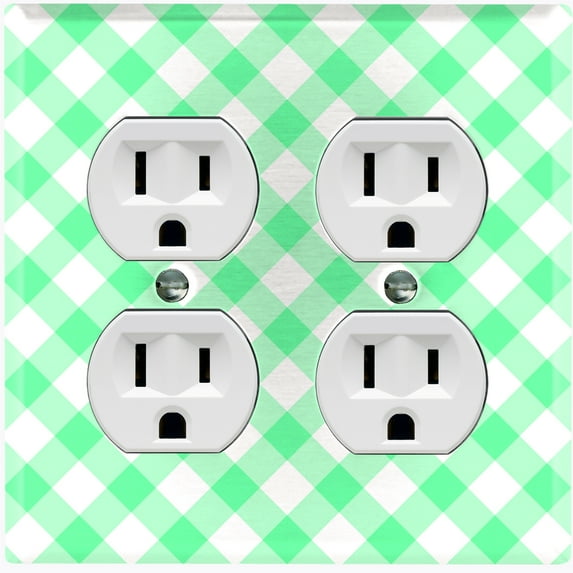 Metal Light Switch Wall Plate Outlet Cover (Neon Green Gingham Wallpaper - Double Duplex)