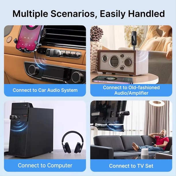 Transmisor y Receptor de Audio Bluetooth 2 en 1, 3,5 mm, AUX, TF, con Micrófono, Manos , Adaptador Inalámbrico de Música Estéreo para TV, PC y Coche
