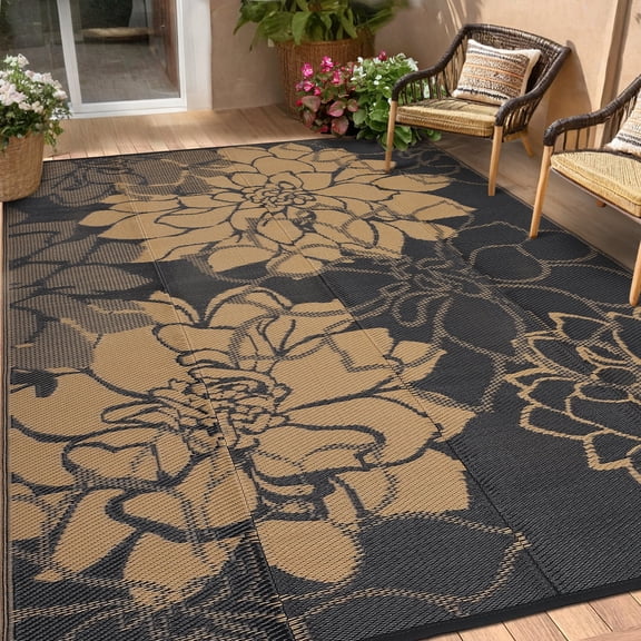 HIWEAVER 9' x 12' Black/Brown Outdoor Rug PP Plastic Straw Woven Waterproof Patio Rug with Border Portable Outside Carpet for Balcony Deck Picnic Garden Decor